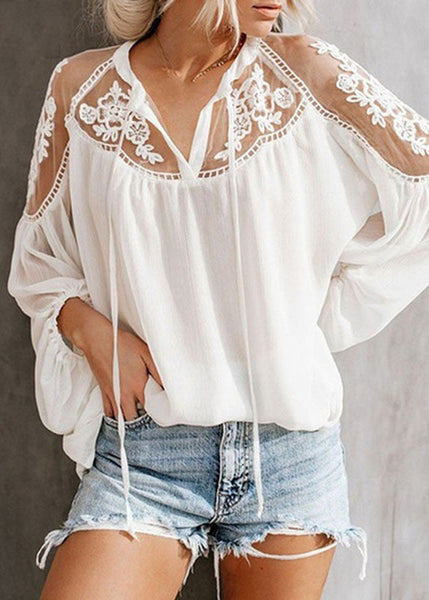 Lantern Floral Neck Tops Sleeve Chiffon V Black Fashion FashionChic