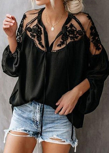 Lantern Floral Neck Tops Sleeve Chiffon V Black Fashion FashionChic