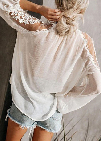 Lantern Floral Neck Tops Sleeve Chiffon V Black Fashion FashionChic