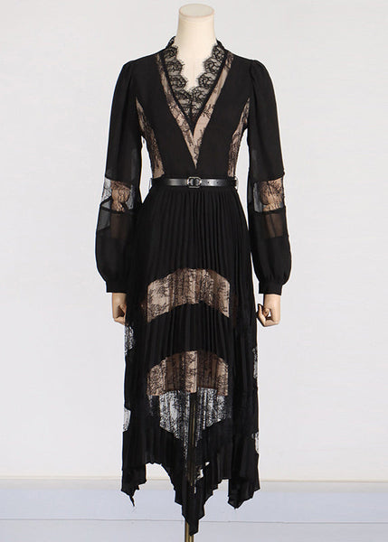 Fashion Black V Neck Lace Patchwork Floral Maxi Dresses Puff Sleeve ZL037 SH-LF-FDL240621