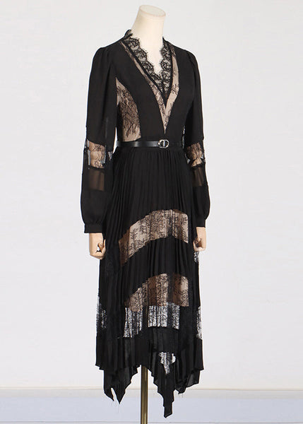 Fashion Black V Neck Lace Patchwork Floral Maxi Dresses Puff Sleeve ZL037 SH-LF-FDL240621