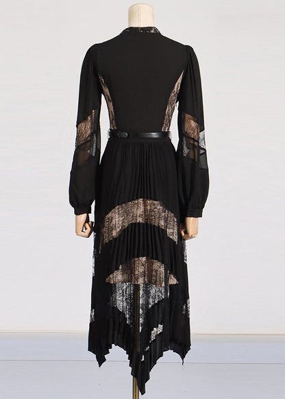 Fashion Black V Neck Lace Patchwork Floral Maxi Dresses Puff Sleeve ZL037 SH-LF-FDL240621