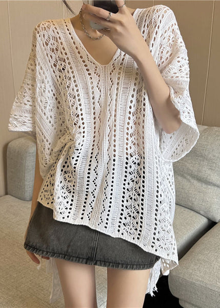 Neck Silk High Design Fashion Knit V Summer Shirt Black T Low Ice FashionChic
