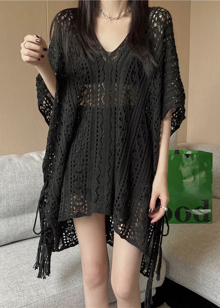 Neck Silk High Design Fashion Knit V Summer Shirt Black T Low Ice FashionChic