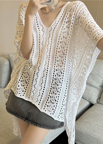 Neck Silk High Design Fashion Knit V Summer Shirt Black T Low Ice FashionChic