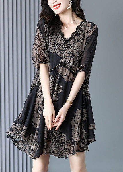 Summer Neck Print Dress Maxi V Chiffon Black Fashion FashionChic