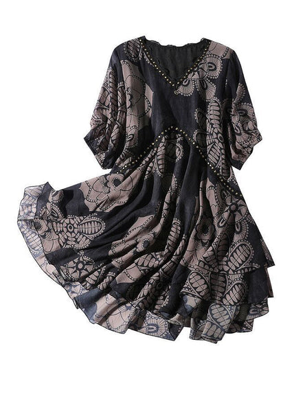 Summer Neck Print Dress Maxi V Chiffon Black Fashion FashionChic