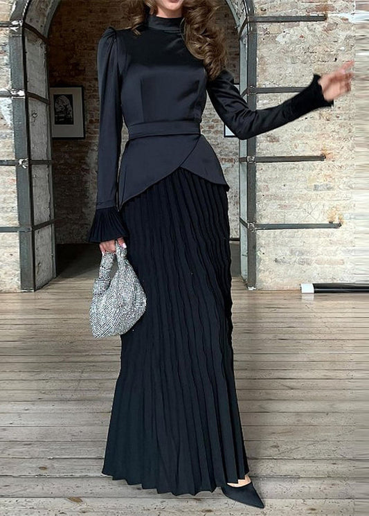 Fashion Black Wrinkled Patchwork Silk Long Dress Fall WO049 OM-ZS241108