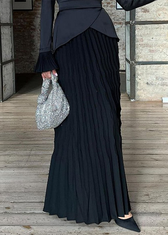 Fashion Black Wrinkled Patchwork Silk Long Dress Fall WO049 OM-ZS241108