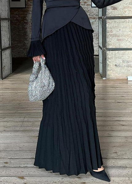 Fashion Black Wrinkled Patchwork Silk Long Dress Fall WO049 OM-ZS241108