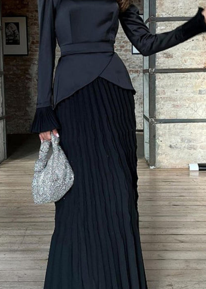 Fashion Black Wrinkled Patchwork Silk Long Dress Fall WO049 OM-ZS241108
