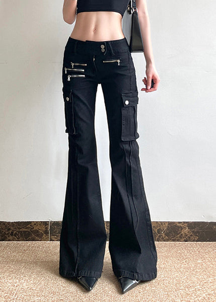 Black Fashion Pockets Flared Zippered High Patchwork Waist Denim FashionChic