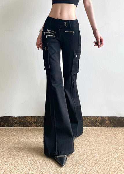 Black Fashion Pockets Flared Zippered High Patchwork Waist Denim FashionChic