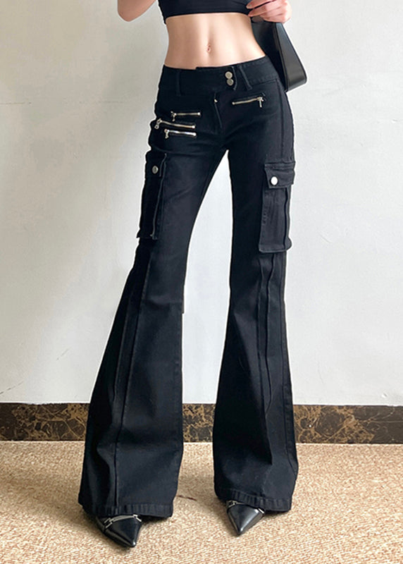 Black Fashion Pockets Flared Zippered High Patchwork Waist Denim FashionChic