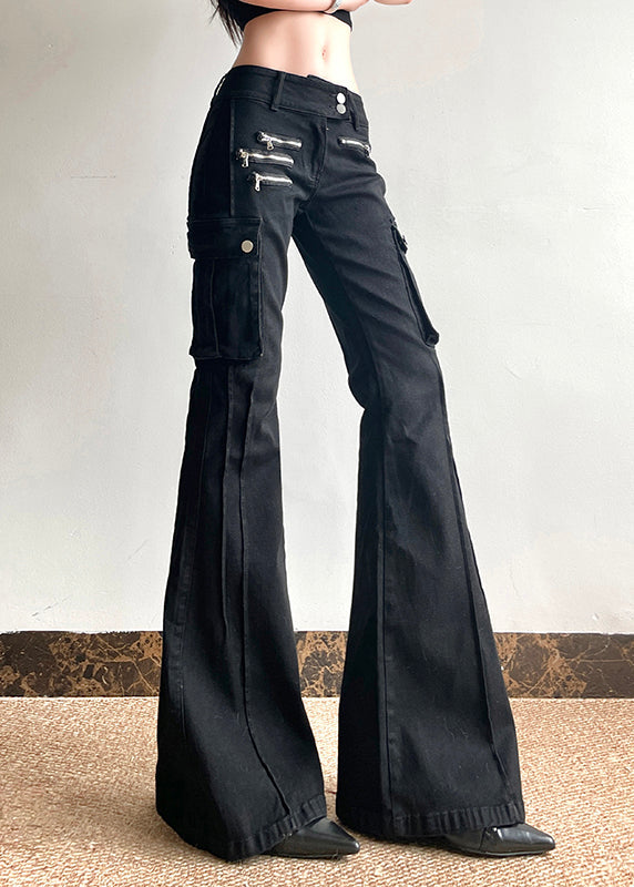 Black Fashion Pockets Flared Zippered High Patchwork Waist Denim FashionChic