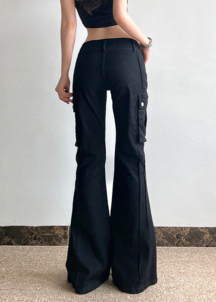 Black Fashion Pockets Flared Zippered High Patchwork Waist Denim FashionChic