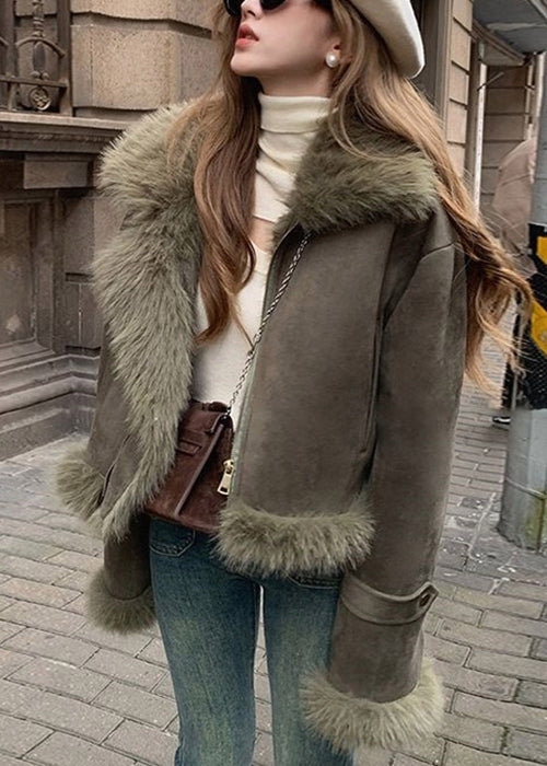 Fashion Blackish Green Fur Collar Patchwork Faux Suede Parkas Winter ER010 ABC