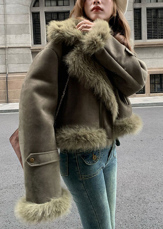 Fashion Blackish Green Fur Collar Patchwork Faux Suede Parkas Winter ER010 ABC