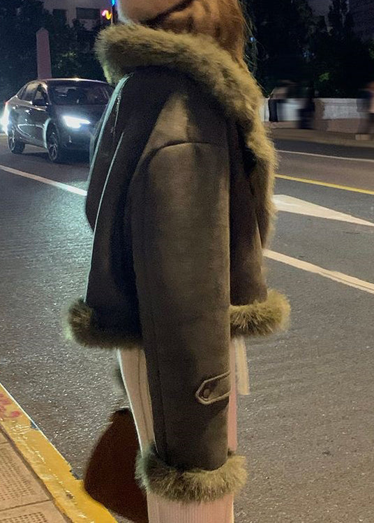 Fashion Blackish Green Fur Collar Patchwork Faux Suede Parkas Winter ER010 ABC