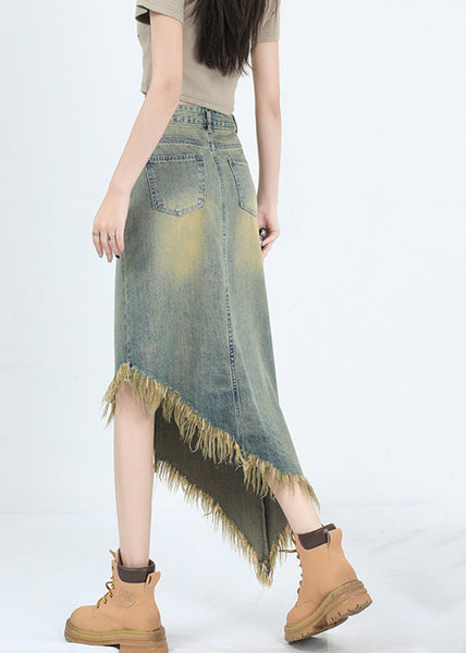 Fashion Blue Asymmetrical Tasseled Denim Skirt Summer EE1012 SH-LF-SKTS240517