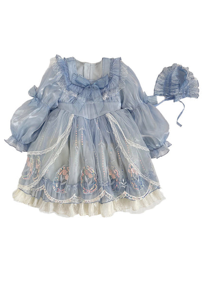 Fashion Blue Bow Embroideried Patchwork Tulle Girls Vacation Maxi Dresses Puff Sleeve RP049 ABC