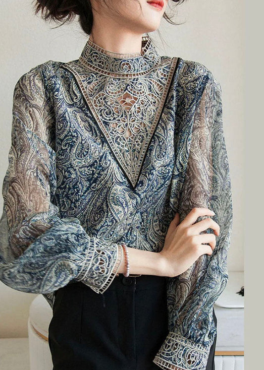 Fashion Blue Embroidered Print Chiffon Shirt Lantern Sleeve TZ039