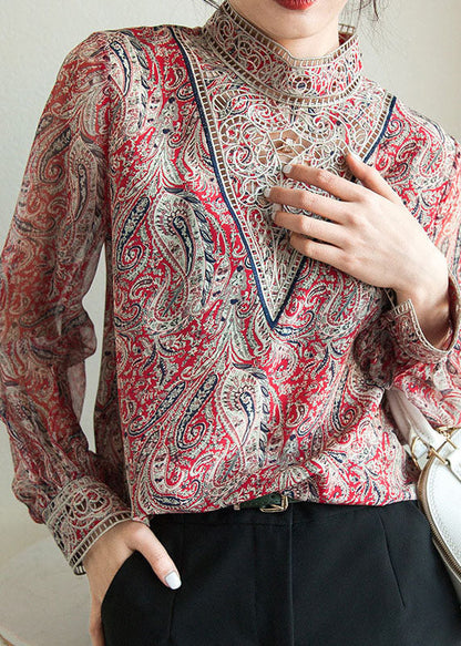 Fashion Blue Embroidered Print Chiffon Shirt Lantern Sleeve TZ039