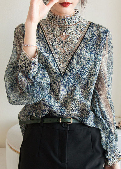 Fashion Blue Embroidered Print Chiffon Shirt Lantern Sleeve TZ039