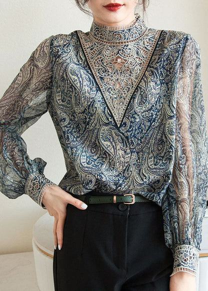 Fashion Blue Embroidered Print Chiffon Shirt Lantern Sleeve TZ039