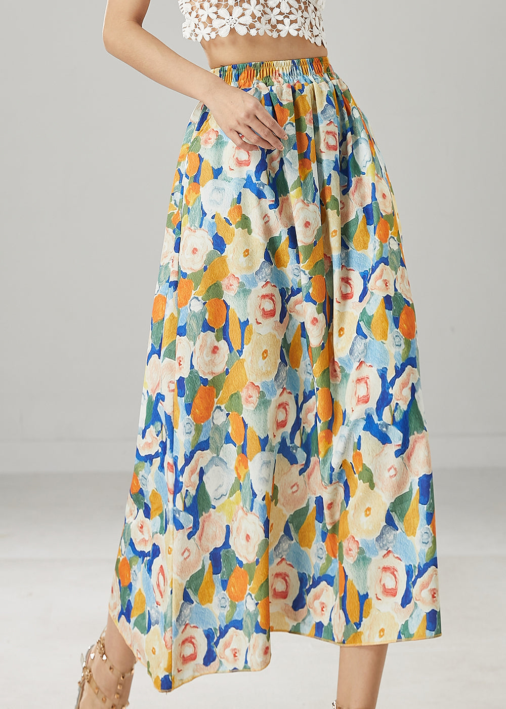 Fashion Blue Floral Elastic Waist Chiffon Skirts Summer YU1009 Ada Fashion