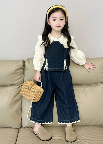 Fashion Blue Kids Denim Waistcoat Shirts And Crop Pants Three Pieces Set Spring TR033 ABC
