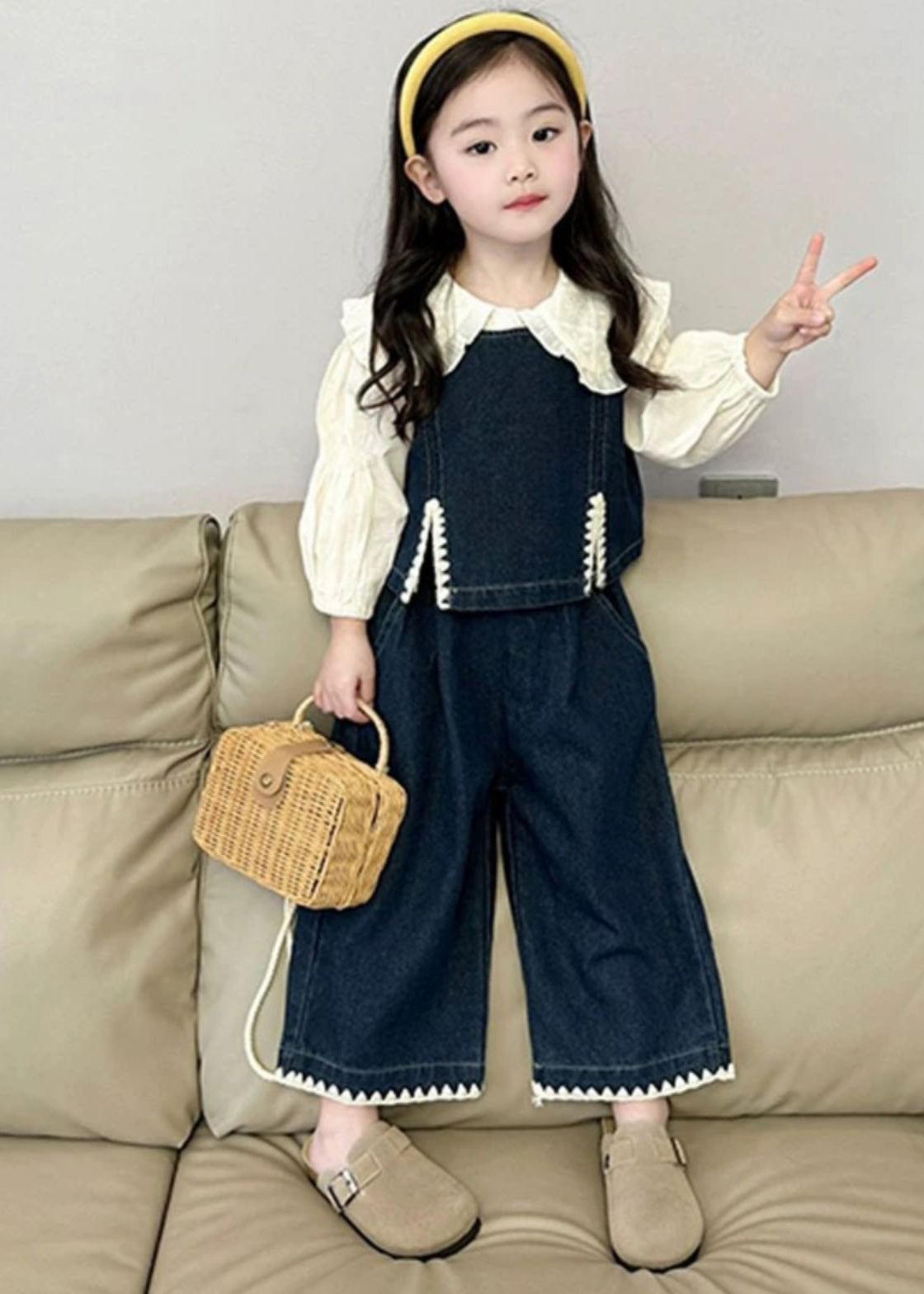 Fashion Blue Kids Denim Waistcoat Shirts And Crop Pants Three Pieces Set Spring TR033 ABC