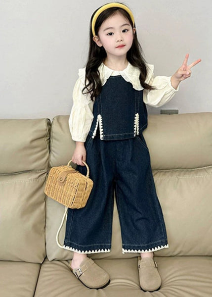 Fashion Blue Kids Denim Waistcoat Shirts And Crop Pants Three Pieces Set Spring TR033 ABC