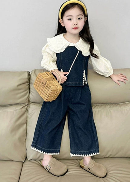 Fashion Blue Kids Denim Waistcoat Shirts And Crop Pants Three Pieces Set Spring TR033 ABC
