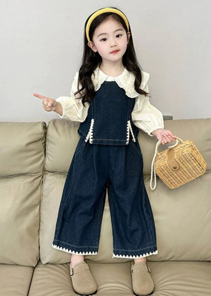 Fashion Blue Kids Denim Waistcoat Shirts And Crop Pants Three Pieces Set Spring TR033 ABC
