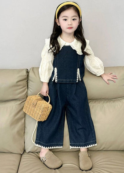 Fashion Blue Kids Denim Waistcoat Shirts And Crop Pants Three Pieces Set Spring TR033 ABC