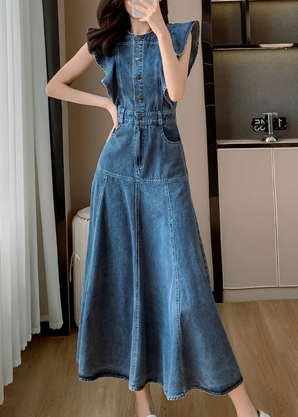 Denim Neck Butterfly Sleeve Patchwork Blue Dress O Fashion Long FashionChic