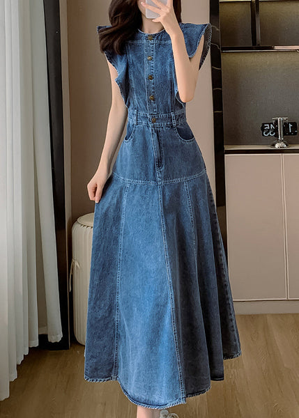 Denim Neck Butterfly Sleeve Patchwork Blue Dress O Fashion Long FashionChic