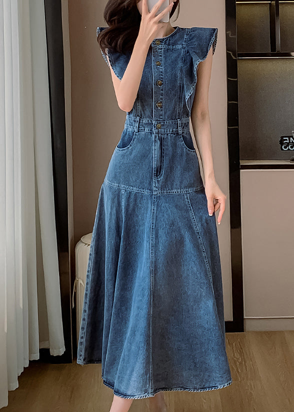 Denim Neck Butterfly Sleeve Patchwork Blue Dress O Fashion Long FashionChic