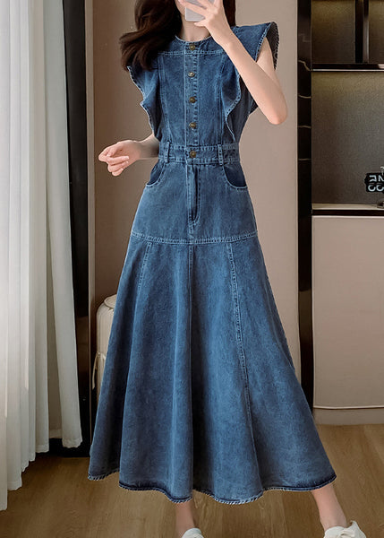 Denim Neck Butterfly Sleeve Patchwork Blue Dress O Fashion Long FashionChic