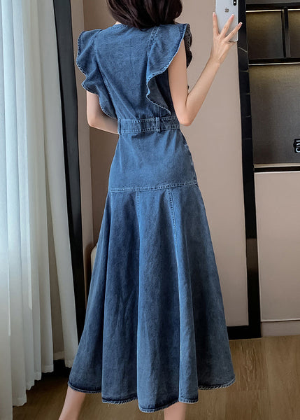 Denim Neck Butterfly Sleeve Patchwork Blue Dress O Fashion Long FashionChic
