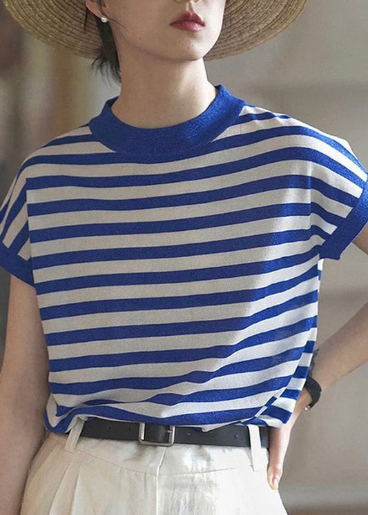 Fashion Blue O Neck Striped Cotton T Shirts Top Summer TH029