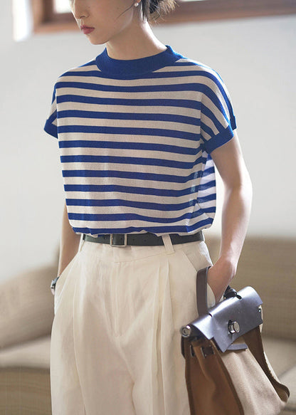 Fashion Blue O Neck Striped Cotton T Shirts Top Summer TH029