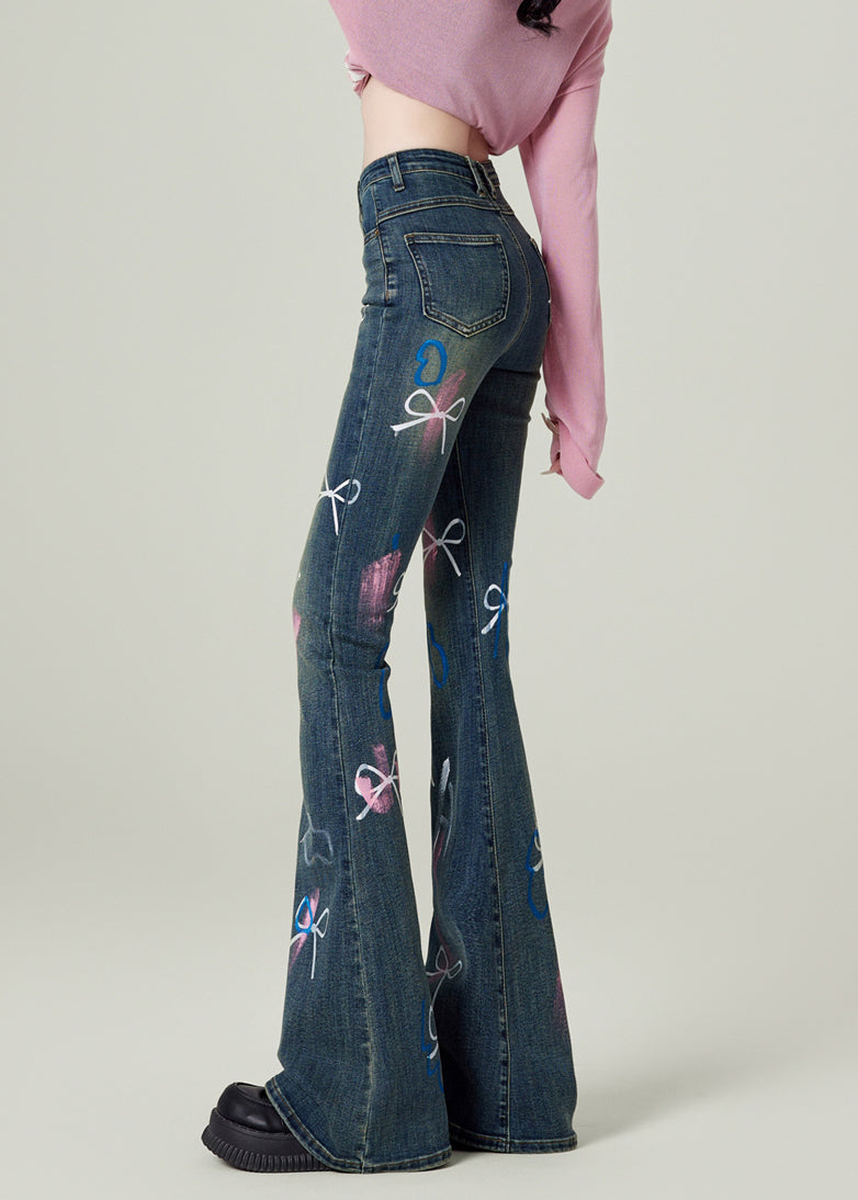 Fashion Blue Pockets Bow Print Denim Flared Trousers Spring TN020 ABC