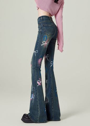 Fashion Blue Pockets Bow Print Denim Flared Trousers Spring TN020 ABC