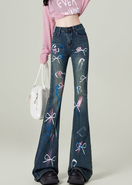 Fashion Blue Pockets Bow Print Denim Flared Trousers Spring TN020 ABC
