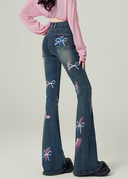 Fashion Blue Pockets Bow Print Denim Flared Trousers Spring TN020 ABC