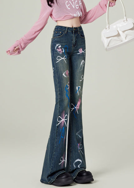 Fashion Blue Pockets Bow Print Denim Flared Trousers Spring TN020 ABC