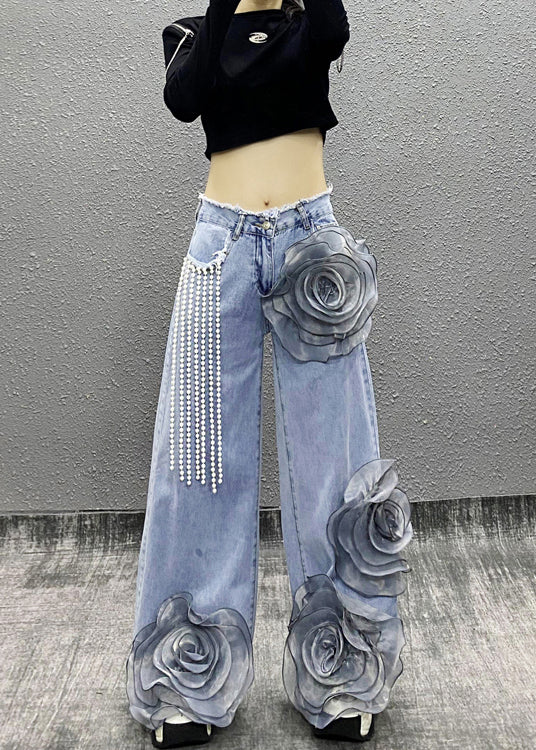 Fashion Blue Pockets Floral Bead Tassel Denim Pants Fall RI013 ABC