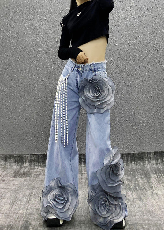 Fashion Blue Pockets Floral Bead Tassel Denim Pants Fall RI013 ABC